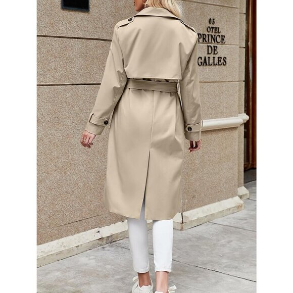Women's Khaki Double-Breasted Trench Coat, Casual Windproof Overcoat with Belt - Picture 5 of 5